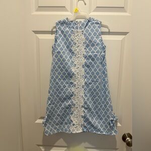 Blue Sleeveless Dress with White Floral Lace